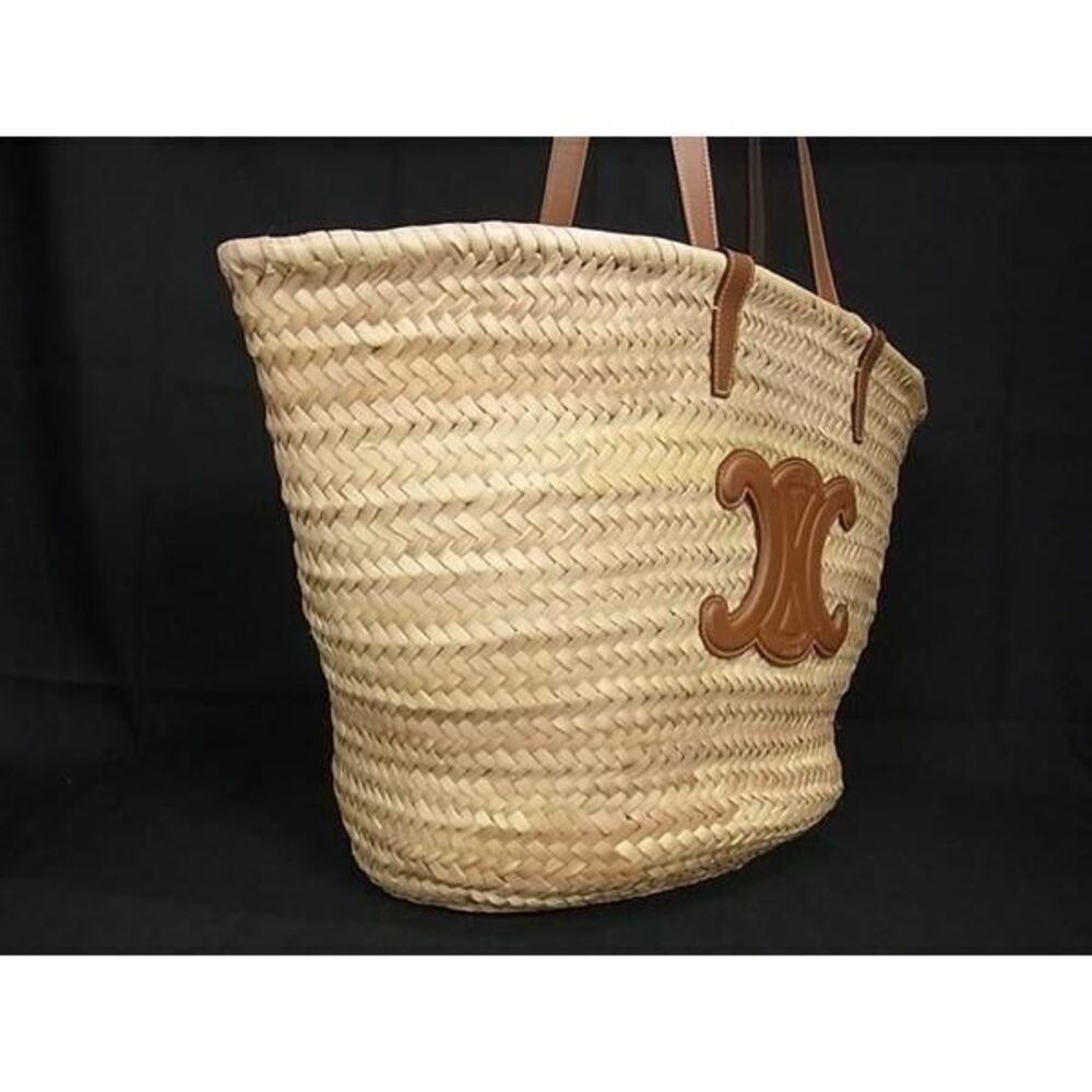 CELINE Triomphe Raffia Basket Bag Shoulder Tote Beige - Picture 2 of 7